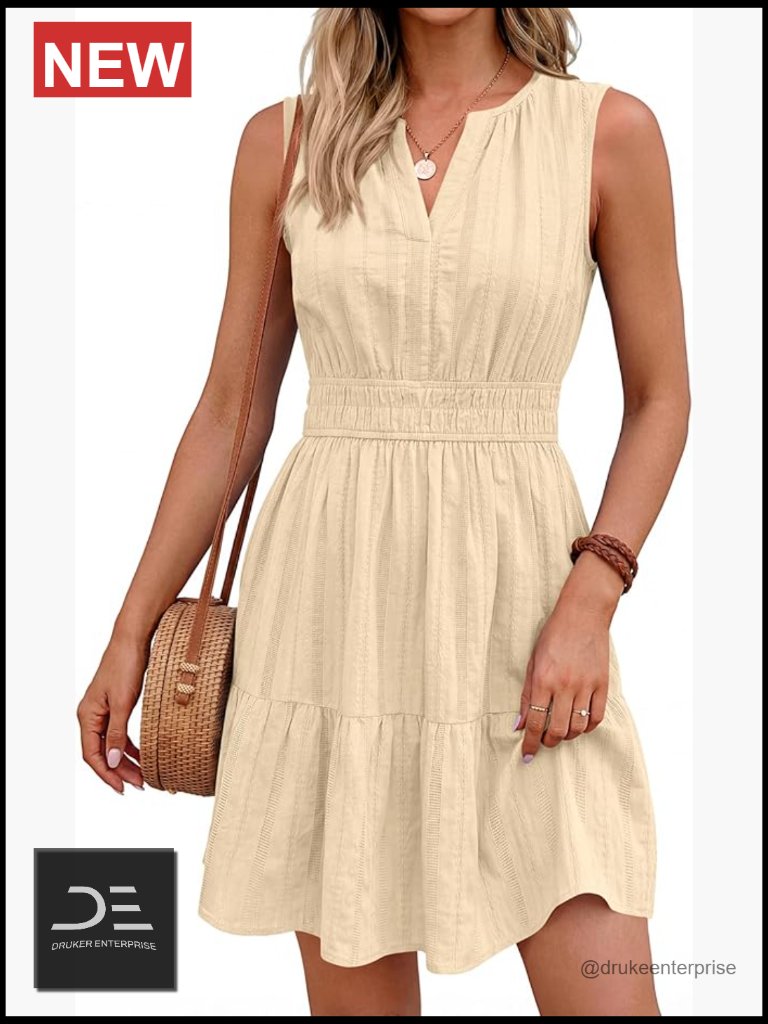 Women Summer Mini Dress Sleeveless V Neck A-Line With Pockets